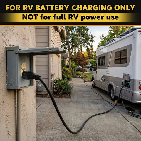Rugged 15 To 30 Amp Rv Power Adapter Nema 5-15P To Tt-30R Plug In Converter For Home Outlet And Travel Trailer Black connected to RV.