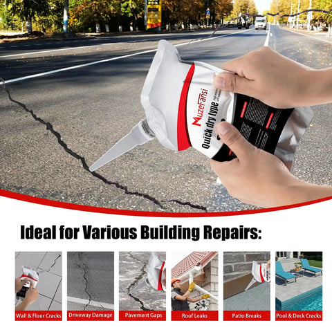 Self Leveling Asphalt Crack Filler And Concrete Crack Sealant For Driveways Patios Walls And Garage Floors Quick Dry Waterproof Bond 2 Pack Easy Patch For Long Lasting Durability, applied to a crack in pavement.