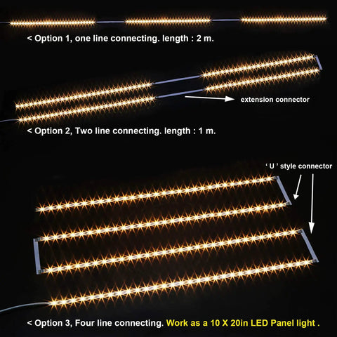 Under Cabinet Lighting Kit Flexible LED Strip Light 6.6 Feet For Kitchen Cabinets Desks Shelves And More No Fuss Easy Install 120 LEDs 1100 Lumens Warm White 2700K ETL Listed showing different connection options
