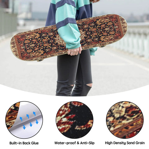 Person holding skateboard with Vintage Brown Rug Grip Tape For Skateboard And Longboard Dope 33 By 9 Inch design outdoors.