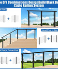 Swageless Deck Cable Railing Kit With Four Black Thirty Six Inch Level Drilled Posts With Two Hundred Fifty Feet Of One Eighth Inch T316 Stainless Wire Rope Invisible Cable Railing System For Outdoor Decks And Porches No Handrail Post Kit LPS02 shown with various configurations.