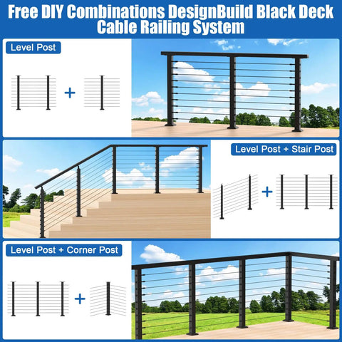 Swageless Deck Cable Railing Kit With Four Black Thirty Six Inch Level Drilled Posts With Two Hundred Fifty Feet Of One Eighth Inch T316 Stainless Wire Rope Invisible Cable Railing System For Outdoor Decks And Porches No Handrail Post Kit LPS02 shown with various configurations.