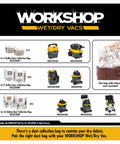 Workshop wet dry vac collection bag options and compatible vacuums displayed, highlighting sizes for 3 to 16-gallon models.
