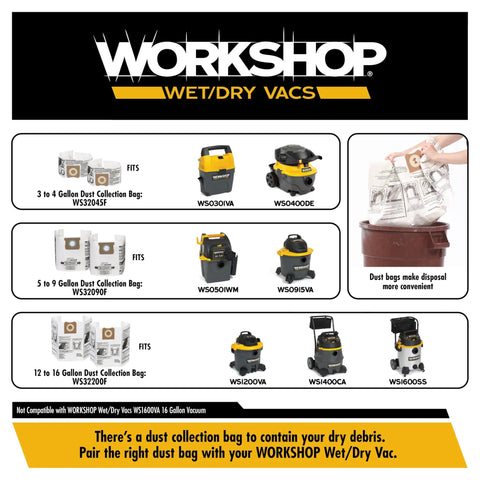 Workshop wet dry vac collection bag options and compatible vacuums displayed, highlighting sizes for 3 to 16-gallon models.