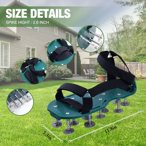 Adjustable Spiked Lawn Aerator Shoes With Deep Soil Spikes And Breathable Straps, Fits 5 To 12 For A Secure Walk on green lawn