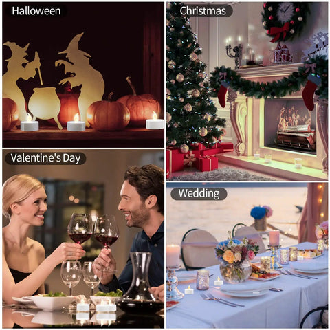 LED Tea Lights Battery Operated Pack Of 12 24 50 100 200 400 Flickering Warm White Realistic Candlelight, holiday decor setup