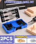 Heavy Lifting Countersink Drill Bit Set, Knockout 22 Pc Pro Grade Woodworking Kit With Precision Depth Stops in storage box