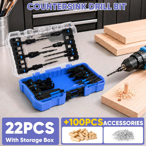 Heavy Lifting Countersink Drill Bit Set, Knockout 22 Pc Pro Grade Woodworking Kit With Precision Depth Stops in storage box