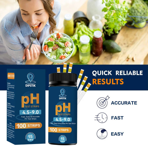Woman eating salad beside Easy At Home PH Test Strips For Urine And Saliva, 100 Paper Strips, packaging visible