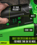 TenSix PSI Pro Technology 12 Volt Air Compressor display with pressure settings, start button, and hand adjusting controls.