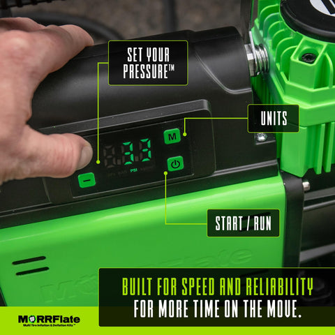 TenSix PSI Pro Technology 12 Volt Air Compressor display with pressure settings, start button, and hand adjusting controls.