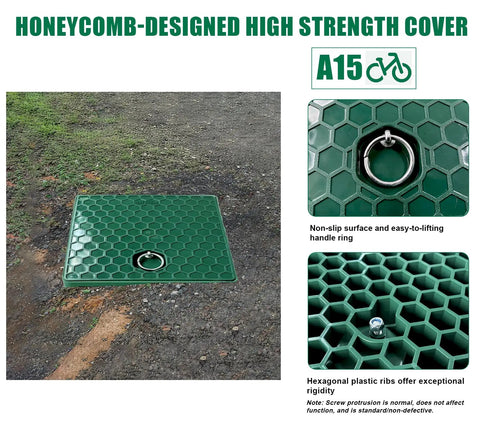 Underground Splice Box With Solid Inspection Cover And Deep Plastic Enclosure For Cable Duct Access Electrical Junctions Drillable Tapered Wiring Box For Fast Pit Access And Quick Install shown with honeycomb-design cover.