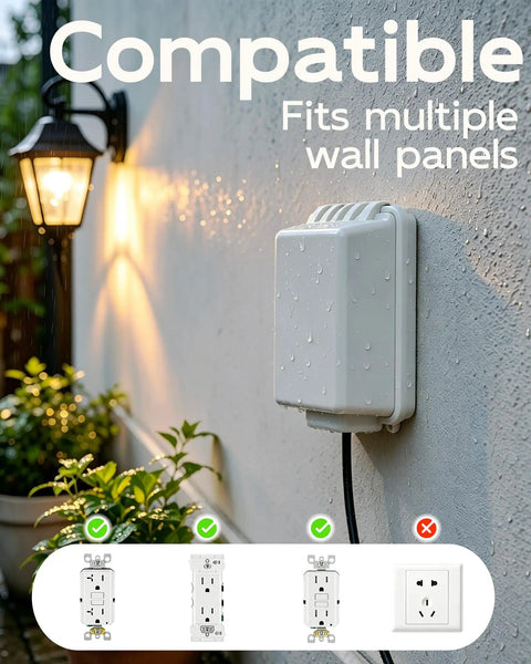 Lockable Waterproof Outdoor Electrical Outlet Cover Box With Key And Drip Proof Weather Shielding For Standard Sockets mounted on textured wall.