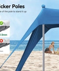 Side view of Easy Up Beach Tent Sun Shelter With UPF50 UV Protection 10 By 10 Ft, showing thicker 1.5mm poles on a beach.