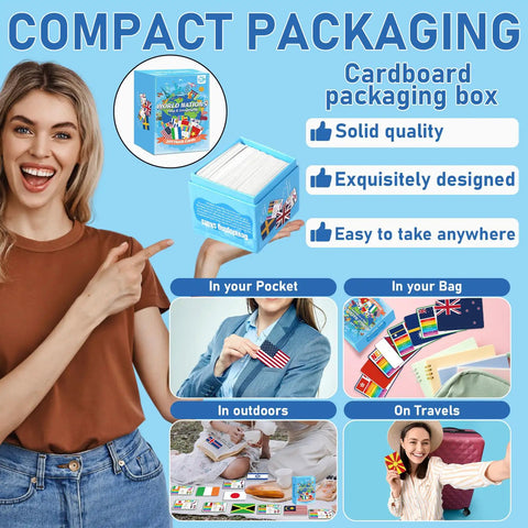 Woman showcasing World Geography Flags And Capitals Flashcards 201 Laminated Country Cards with compact packaging and travel use.