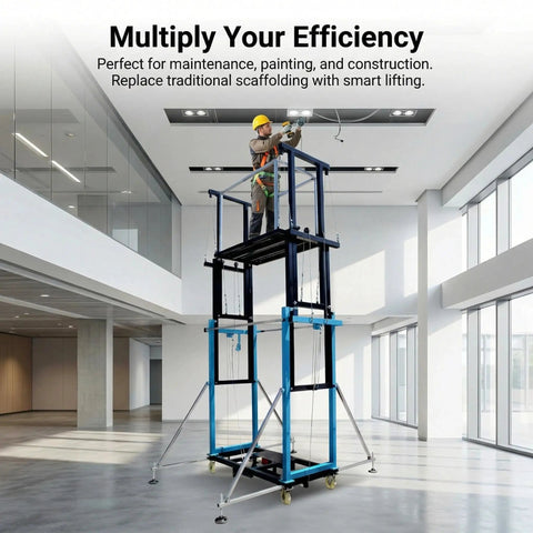 Heavy Hitter Electric Scaffolding Lift With Smooth Remote Control And Pro Level Foldable Mobile Work Platform Built Like A Beast On Steel Frame With Rolling 360 Casters Plus Locking Stabilizers For No Fuss Height Changes Up To 13 Feet
