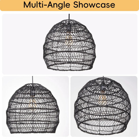 One Light Rattan Woven Pendant Lamp In Black Finish Handmade Hanging Lampshade For Kitchen Island Bedroom Dining Room Restaurant Cafe Or Bar Eco Friendly Natural Rattan Durable Artwork That Sets A Cozy Modern Vibe displayed from multiple angles