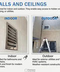 Indoor and outdoor views of Solid As A Rock Premium Heavy Duty 304 Stainless Steel Louvered Access Panel for utilities.