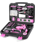 Pink 136 Piece Cordless Tool Set With 3.6V USB Electric Screwdriver, Lightweight Lithium Ion Drill Driver in open case