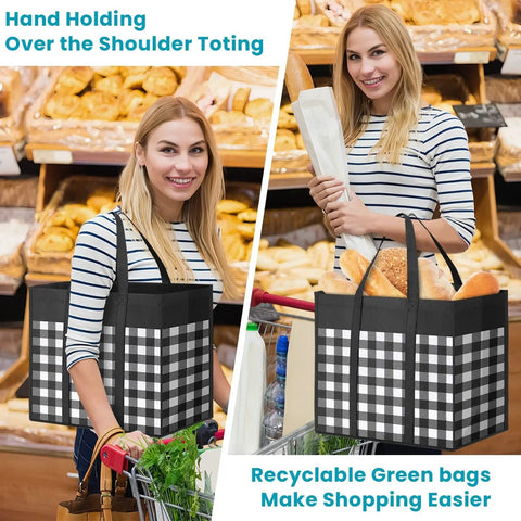 Woman using Oversized Foldable Grocery Tote Bags Four Pack With Reinforced Handles 35 Liter Capacity Water Resistant Coating Black And White