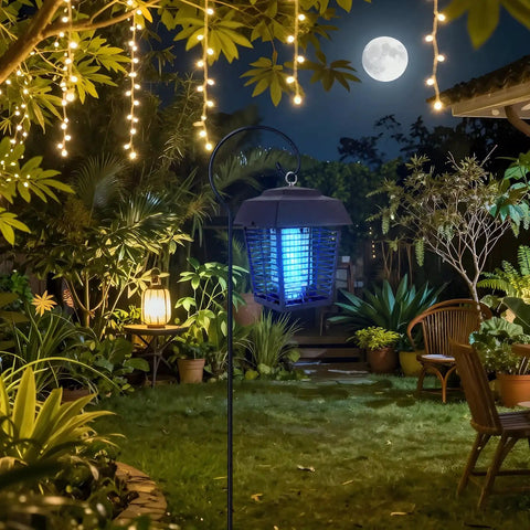 61 Inch Shepherds Hook Bug Zapper Outdoor Hanger Ground Stake in garden at night