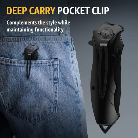 Beefy Everyday Carry Folding Knife For Men With Sharp Blade And Glass Breaker Pocket Clip in denim pocket 6495B