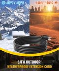 SJTW outdoor weatherproof extension cord shown in snow and heat conditions