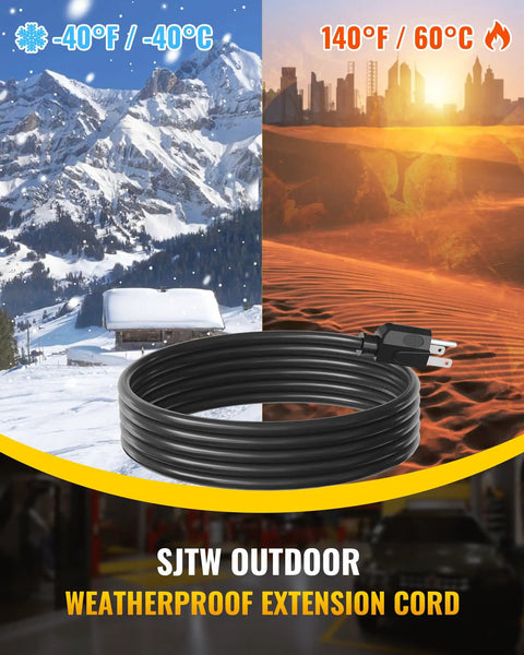 SJTW outdoor weatherproof extension cord shown in snow and heat conditions
