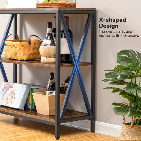Game Changer Three Tier Industrial Console Table With Real Deal Storage Shelves showcasing rustic brown wood and black metal frame.