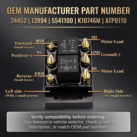 Forward And Reverse 12V Relay Module For Reversing Motors Replaces 5541100 ATP0110 24452 Plug And Play, Built For Snow Plows, Winches, Trailers, Tarp Systems, Hydraulics, Tow Trucks, And Other Motor Applications. black 12V relay module with labeled screw terminals
