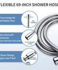 Close-up of 69-inch flexible stainless steel shower hose with solid brass fittings, part of Stainless Steel Shower Grab Bar Set With Handheld Shower Head And Extra Long Hose Chrome Plated Durable Safe Mount 23 Inch Sliding Bar Rock Solid Supports Up To 250 Lbs For Easy Bathing.