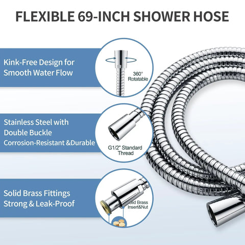 Close-up of 69-inch flexible stainless steel shower hose with solid brass fittings, part of Stainless Steel Shower Grab Bar Set With Handheld Shower Head And Extra Long Hose Chrome Plated Durable Safe Mount 23 Inch Sliding Bar Rock Solid Supports Up To 250 Lbs For Easy Bathing.