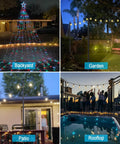 Sturdy Outdoor String Light Poles 2 Pack With 5 Prong Foot And U Bracket used in backyard, garden, patio, rooftop lighting setup.