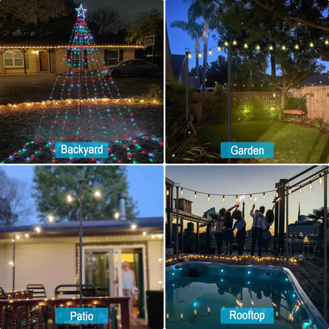 Sturdy Outdoor String Light Poles 2 Pack With 5 Prong Foot And U Bracket used in backyard, garden, patio, rooftop lighting setup.