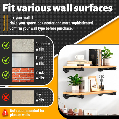 Heavy Duty Black Pipe Shelf Brackets 8 Inch Set shown mounted on concrete wall supporting items