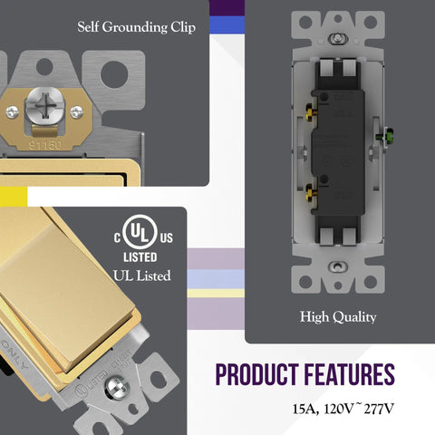Elite Decorator Light Switch With Sleek Brushed Screwless Wall Plate, Single Pole 3 Wire, Grounding Screw, UL Listed