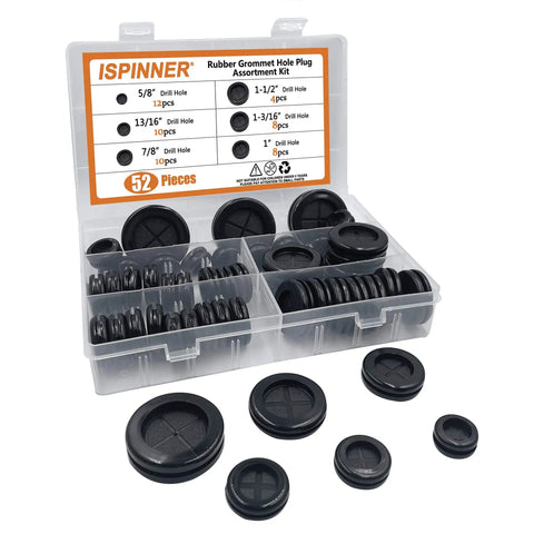 52 Piece Rubber Grommet Set In Six Sizes Round Hole Plugs For Drill Holes in clear storage case