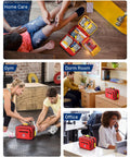 Red 500‑pc first aid kit with yellow pocket inserts; four kits shown for car, gym, dorm room, and office.