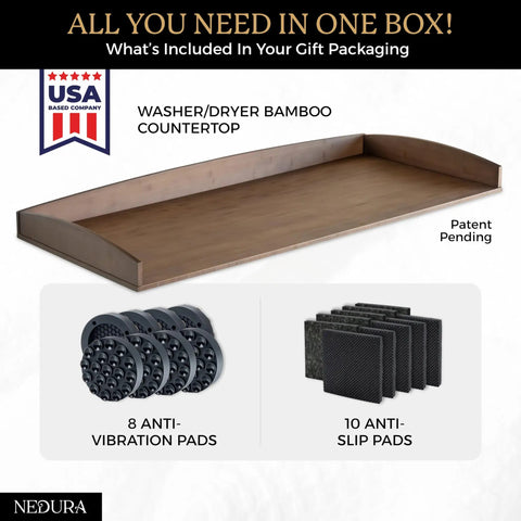 Washer And Dryer Countertop Topper With Anti Vibration Pads And Curved Edge Rails, Premium Bamboo Surface In Dark Walnut.