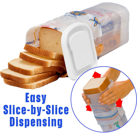 Bread Box Storage Keeps Fresh Loaf In Original Bag One And A Half Pound Sandwich Size with white lid and easy dispensing feature.