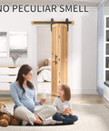 Bi-Fold Barn Door Set 48 By 84 Inches With 52 Inch Bifold Hardware Kit For Two Doors No Assembly No Fuss Setup Solid Spruce Wood Folding Doors And Double Sided Handle Pulls Included installed in a cozy room.