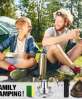 Father and son enjoying All In One Camping Mess Kit With 18 8 Stainless Steel Utensils And Complete Dinnerware Set Travel Cutlery Mesh Bag Included