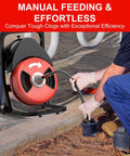 Get The Job Done Fast With This 50 Ft Electric Drain Cleaner And Auto Feed Sewer Snake That Takes Down Clogs In 1 To 4 Inch Pipes Featuring Four Sharp Cutters And A Hands Free Air Switch, showing red drum and cable during operation.