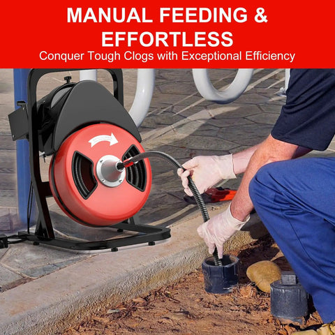 Get The Job Done Fast With This 50 Ft Electric Drain Cleaner And Auto Feed Sewer Snake That Takes Down Clogs In 1 To 4 Inch Pipes Featuring Four Sharp Cutters And A Hands Free Air Switch, showing red drum and cable during operation.