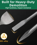 SDS Max 3 Piece Chisel Set Heavy Duty With 3 Inch Scaling Chisel, 1 Inch Flat Chisel, Point Chisel, 24 Inch Long Bits shown