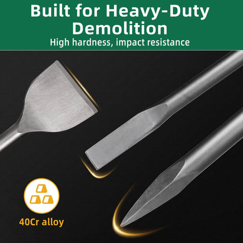 SDS Max 3 Piece Chisel Set Heavy Duty With 3 Inch Scaling Chisel, 1 Inch Flat Chisel, Point Chisel, 24 Inch Long Bits shown