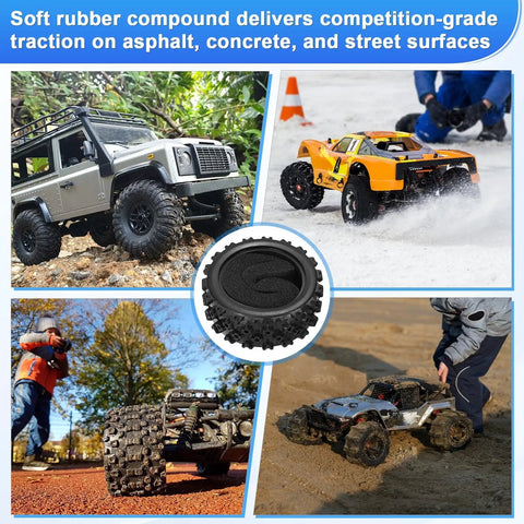 Collage of RC cars with 4Pcs Soft Rubber RC On Road Car Tires For 1 By 10 Scale Touring Cars With Foam Inserts Direct Replacement