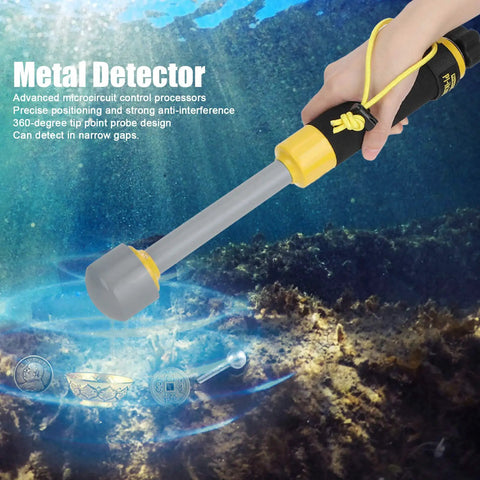 Waterproof Handheld Pulse Induction Metal Detector With Pinpointer Probe, LED Light, and Vibration Alarm, underwater.