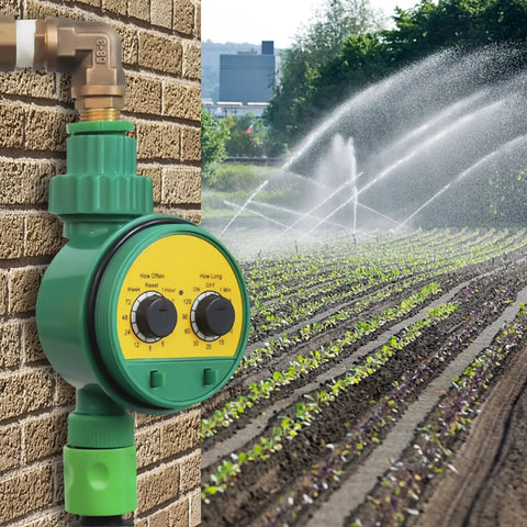 Green Automatic Sprinkler Timer With Rain Delay And Manual Watering, Smart Garden Irrigation Controller in use on brick wall