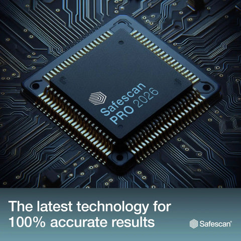Safescan Pro 2026 chip on circuit board, illustrating technology in Beast Money Counter Machine With Counterfeit Detection Counts Up To 1000 Bills Per Minute Adds And Batches LCD Display 300 Bill Hopper Works With All Currencies Two Point Counterfeit Check Keeps Cash Sorted Fast.